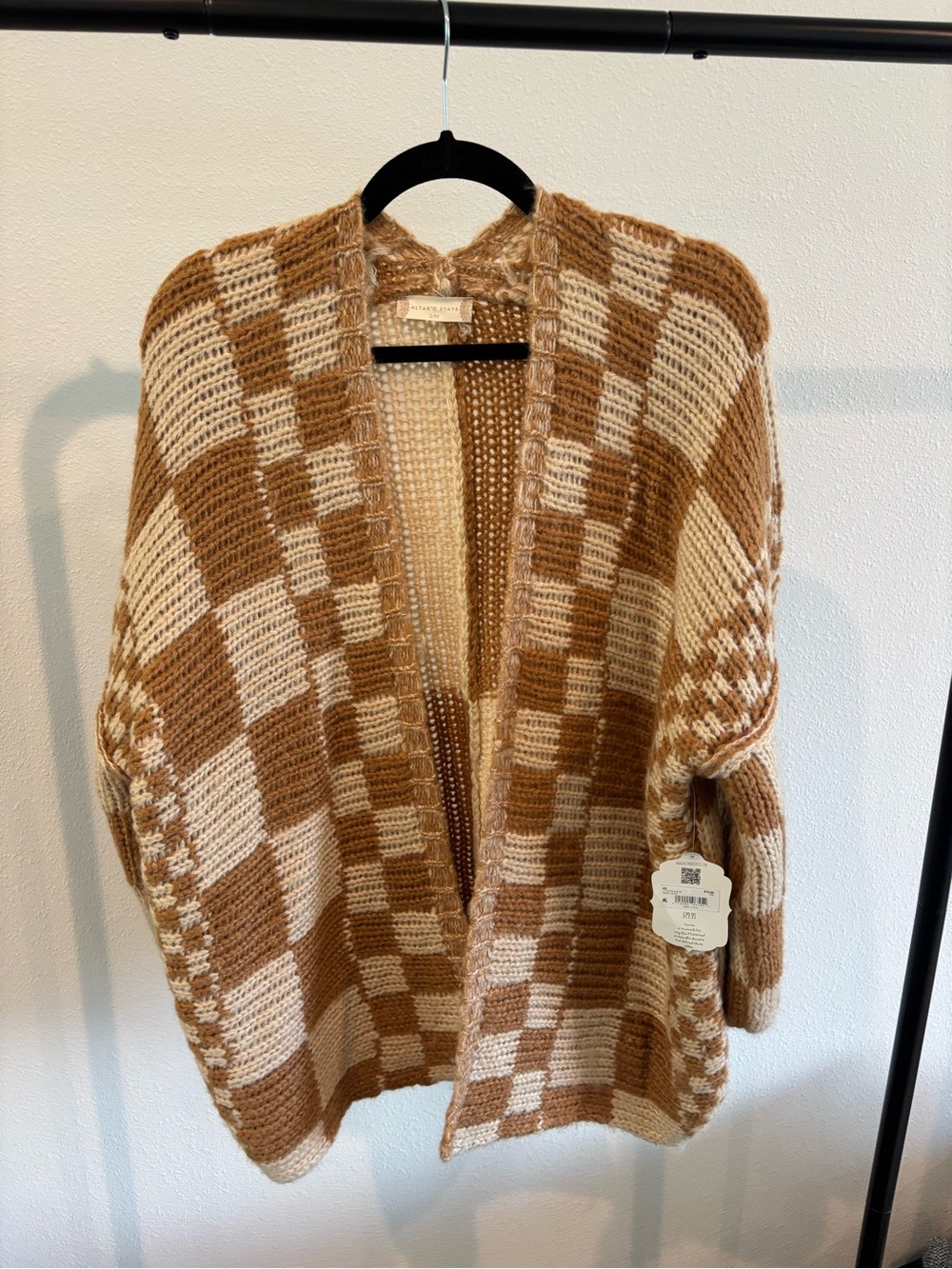 Altar'd State Checker Knit Open Cardigan - Cream & Brown